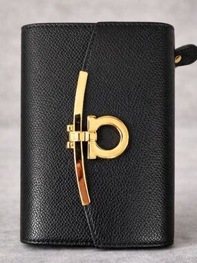 Salvatore Ferragamo Black Leather Wallet with Gold Gancini Hardware
